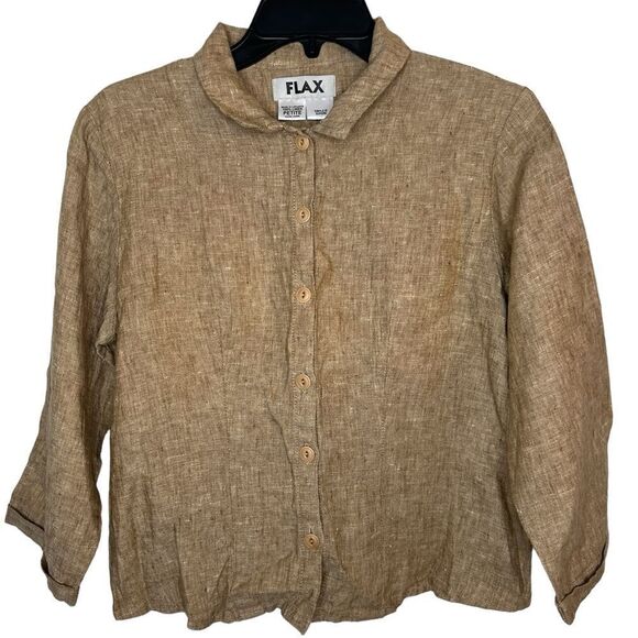Flax Tan 100% Linen Lagenlook Button Front Cropped Shirt Petite - Picture 1 of 8
